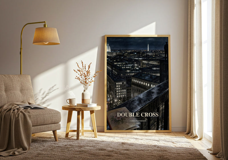 Double Cross watercolour print in frame leaning in hallway – thriller wall art