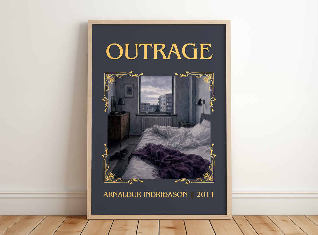 Outrage Classic Book Art Print by Arnaldur Indriðason – framed print leaning on a wooden floor