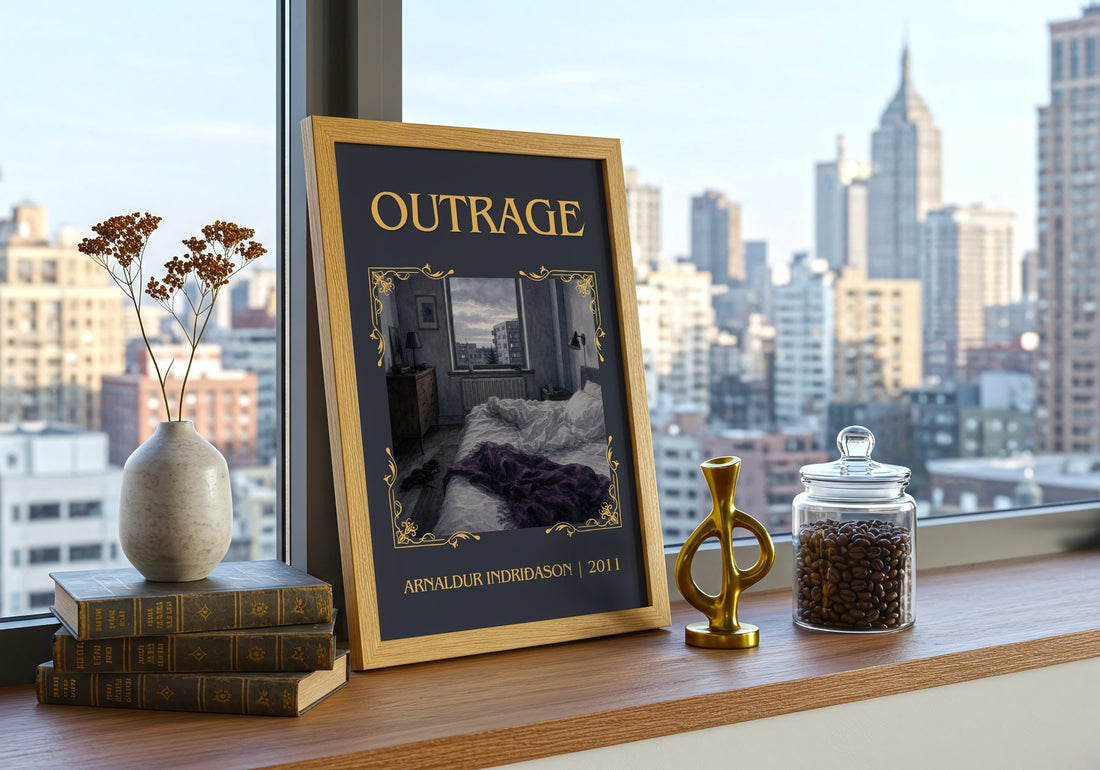 Outrage Classic Book Art Print by Arnaldur Indriðason – framed print on a city-view windowsill