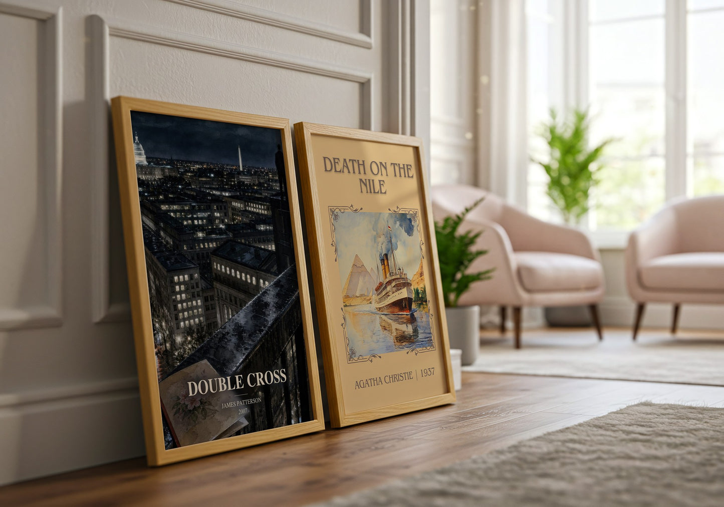 Double Cross watercolour print framed by window – literary home decor