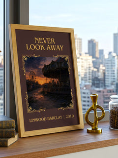 Never Look Away Classic Book Art Print by Linwood Barclay – framed print on a city-view windowsill