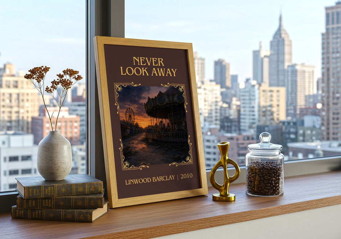 Never Look Away Classic Book Art Print by Linwood Barclay – framed print on a city-view windowsill