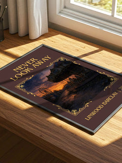 Never Look Away Classic Book Art Print by Linwood Barclay – print on a sunlit desk