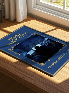 Trust Your Eyes Classic Book Art Print by Linwood Barclay – print on a sunlit desk