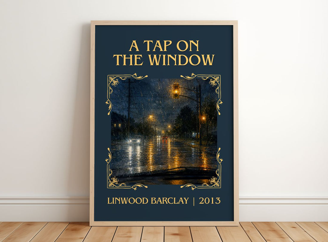 A Tap on the Window Classic Book Art Print by Linwood Barclay – framed print leaning on a wooden floor