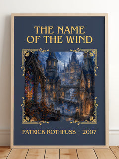 The Name of the Wind Classic Book Art Print by Patrick Rothfuss – framed print leaning on a wooden floor