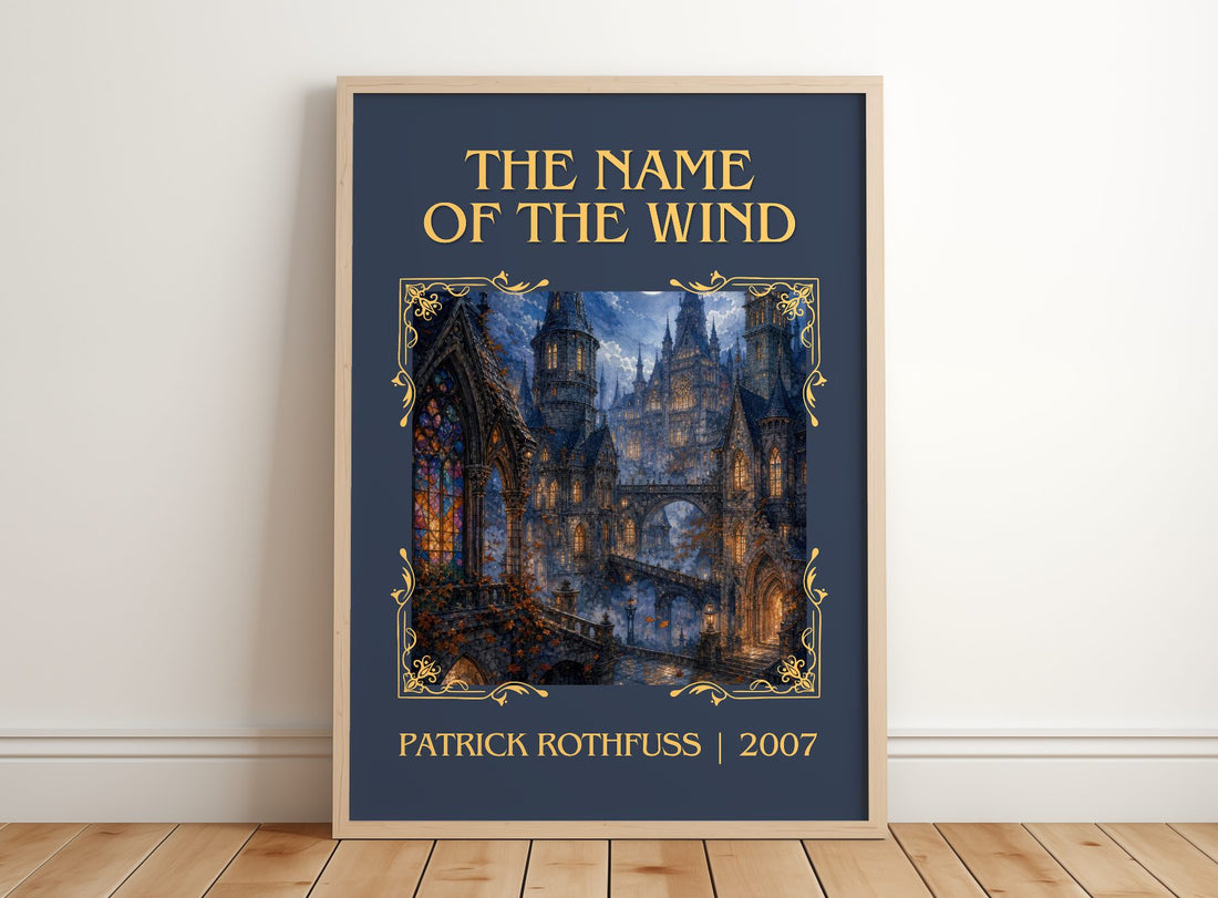 The Name of the Wind Classic Book Art Print by Patrick Rothfuss – framed print leaning on a wooden floor