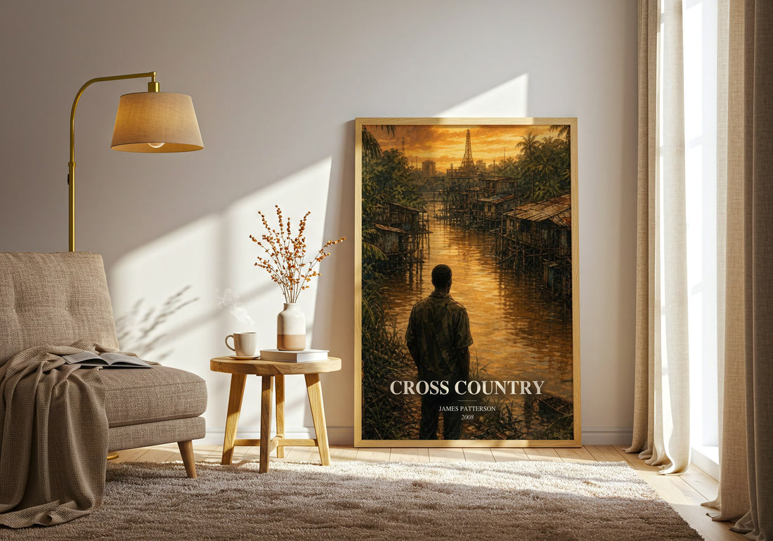 Cross Country watercolour print in frame leaning in hallway – thriller wall art (mockup)