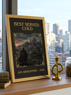 Best Served Cold Classic Book Art Print by Joe Abercrombie – framed print on a city-view windowsill