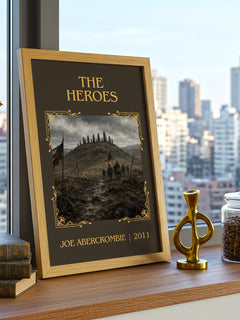 The Heroes Classic Book Art Print by Joe Abercrombie – framed print on a city-view windowsill