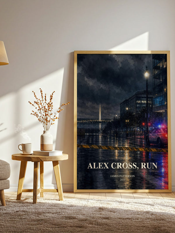 Alex Cross, Run watercolour print in frame leaning in hallway – thriller wall art