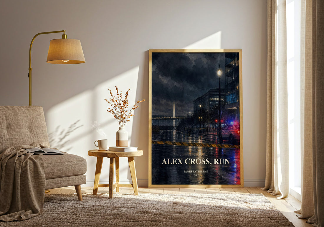 Alex Cross, Run watercolour print in frame leaning in hallway – thriller wall art (mockup)