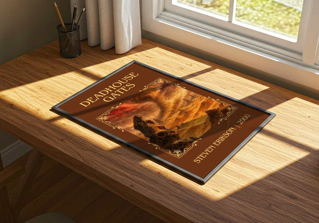 Deadhouse Gates Classic Book Art Print by Steven Erikson – print on a sunlit desk