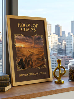 House of Chains Classic Book Art Print by Steven Erikson – framed print on a city-view windowsill