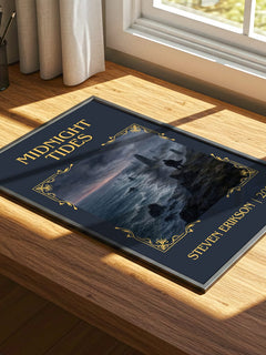 Midnight Tides Classic Book Art Print by Steven Erikson – print on a sunlit desk