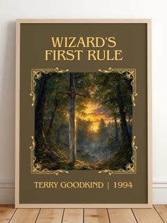Wizard's First Rule Classic Book Art Print by Terry Goodkind – framed print leaning on a wooden floor
