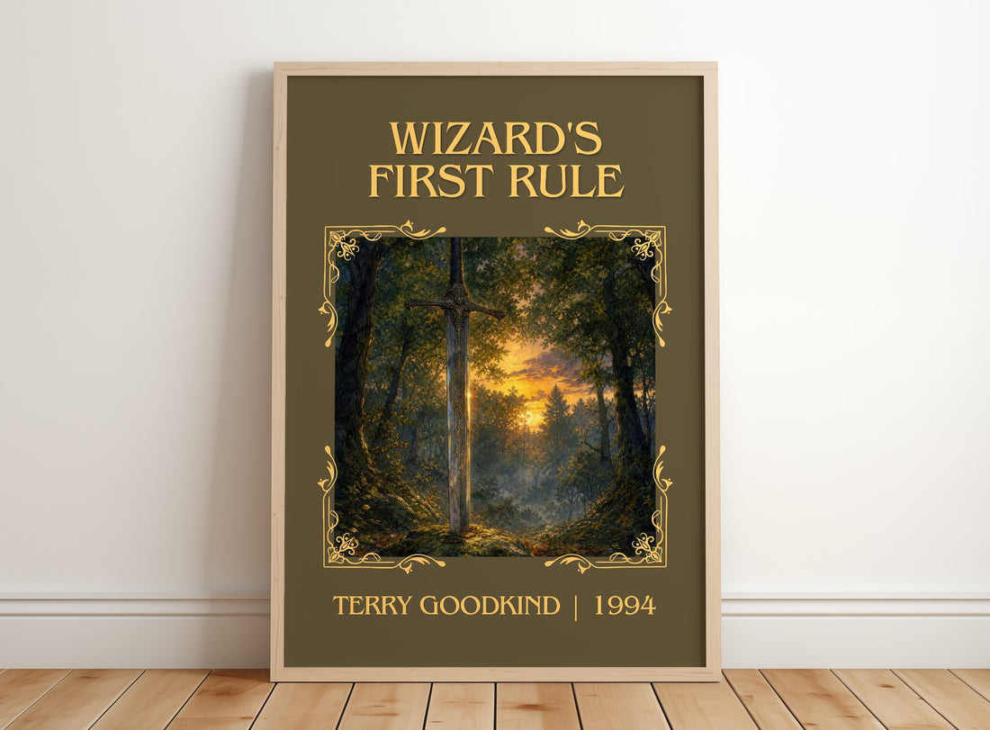 Wizard's First Rule Classic Book Art Print by Terry Goodkind – framed print leaning on a wooden floor