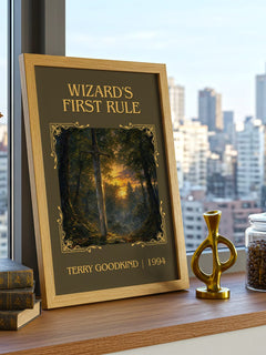 Wizard's First Rule Classic Book Art Print by Terry Goodkind – framed print on a city-view windowsill