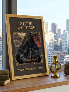 Stone of Tears Classic Book Art Print by Terry Goodkind – framed print on a city-view windowsill