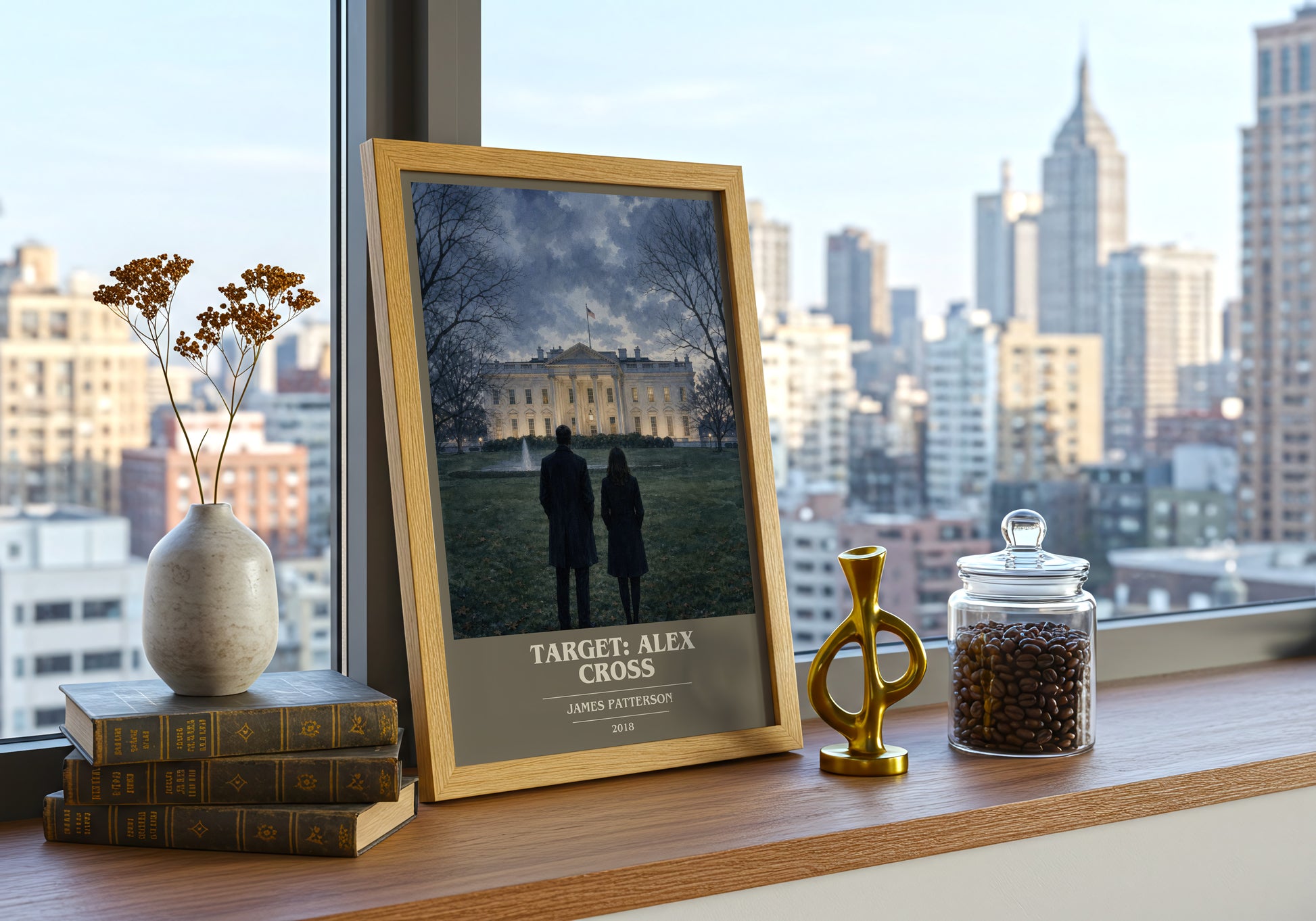 Target: Alex Cross book cover print framed by window – literary home decor