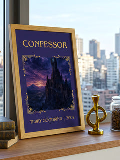Confessor Classic Book Art Print by Terry Goodkind – framed print on a city-view windowsill