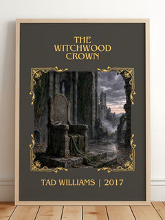 The Witchwood Crown Classic Book Art Print by Tad Williams – framed print leaning on a wooden floor