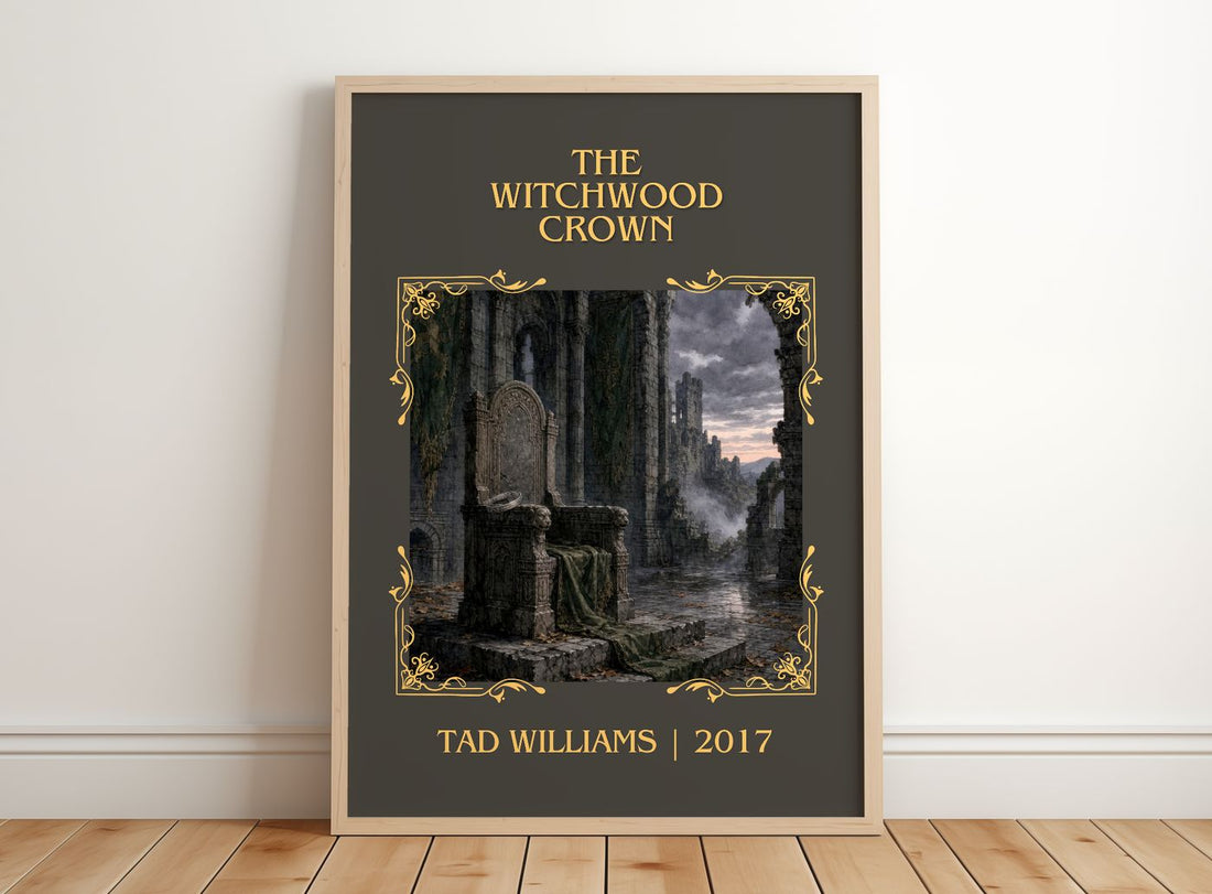 The Witchwood Crown Classic Book Art Print by Tad Williams – framed print leaning on a wooden floor
