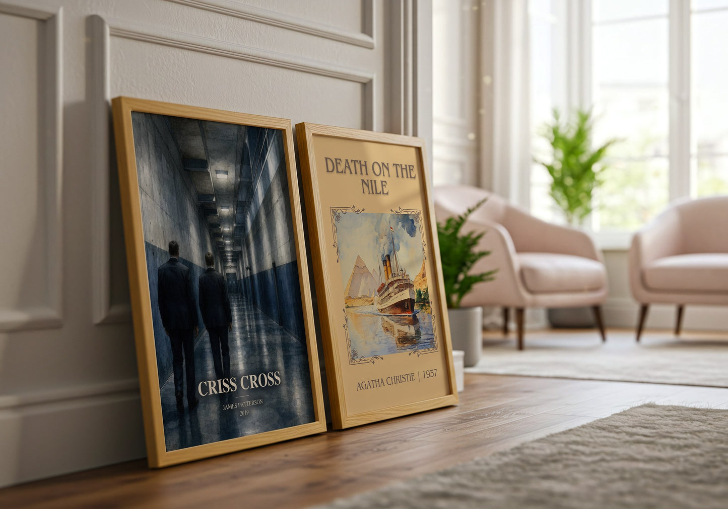 Criss Cross watercolour print framed by window – literary home decor