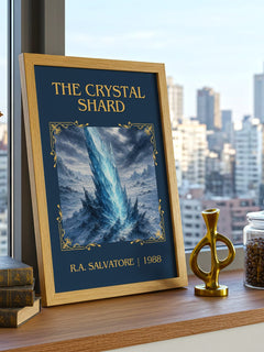 The Crystal Shard Classic Book Art Print by R.A. Salvatore – framed print on a city-view windowsill