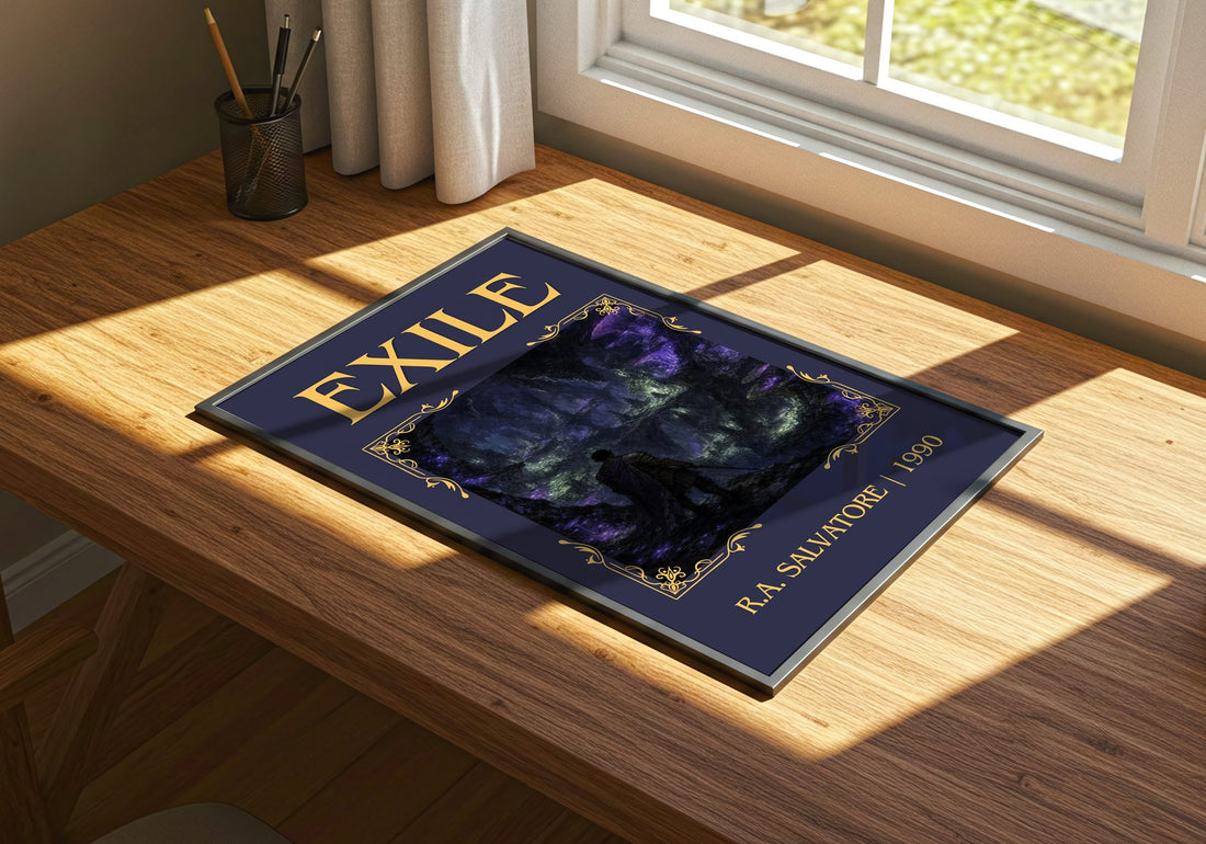 Exile Classic Book Art Print by R.A. Salvatore – print on a sunlit desk