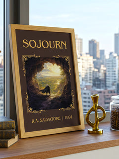 Sojourn Classic Book Art Print by R.A. Salvatore – framed print on a city-view windowsill