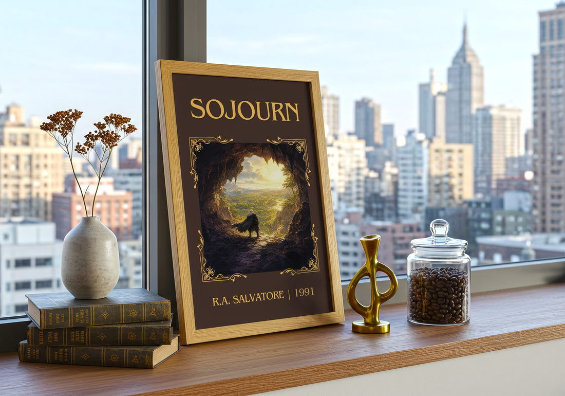 Sojourn Classic Book Art Print by R.A. Salvatore – framed print on a city-view windowsill