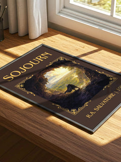 Sojourn Classic Book Art Print by R.A. Salvatore – print on a sunlit desk