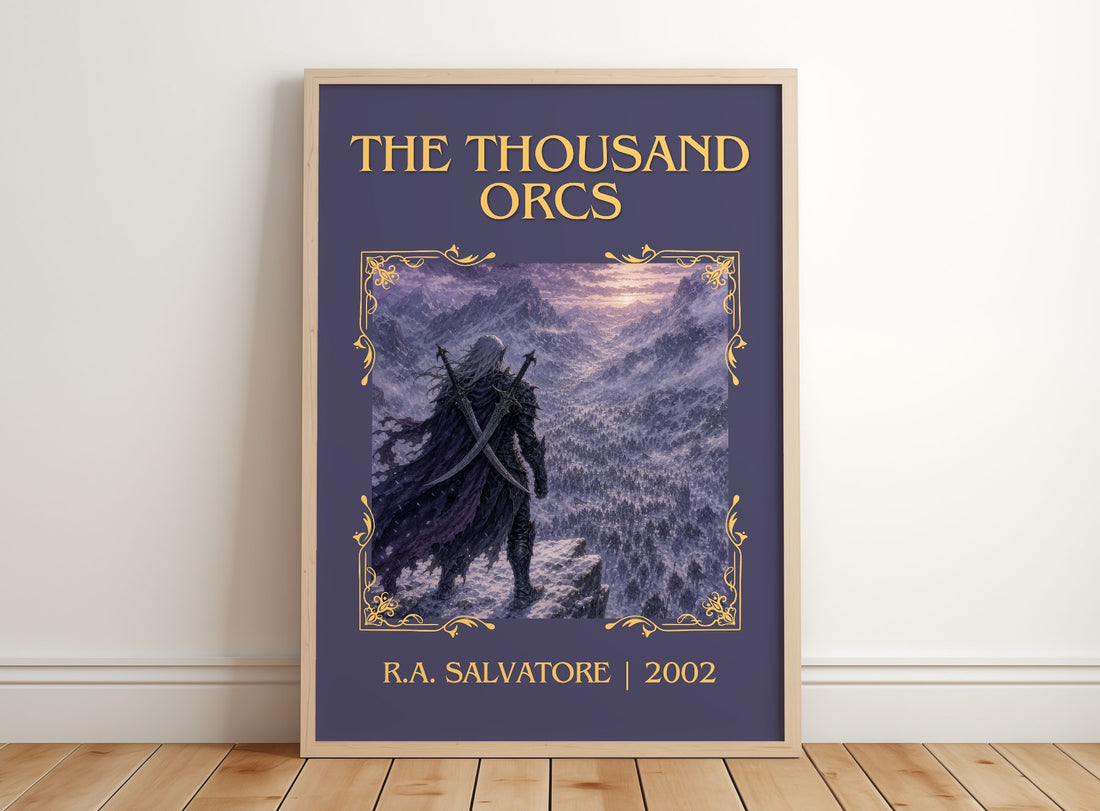 The Thousand Orcs Classic Book Art Print by R.A. Salvatore – framed print leaning on a wooden floor