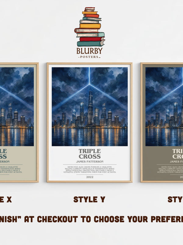 Triple Cross bookish print in frame leaning in hallway – thriller wall art