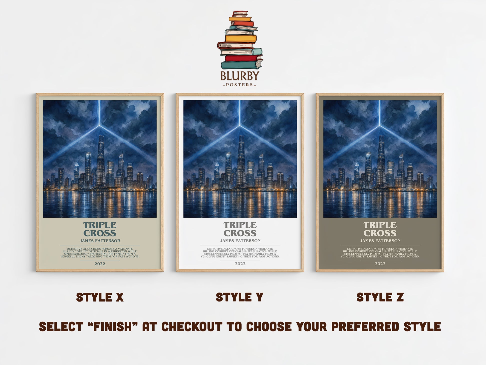 Triple Cross bookish print in frame leaning in hallway – thriller wall art