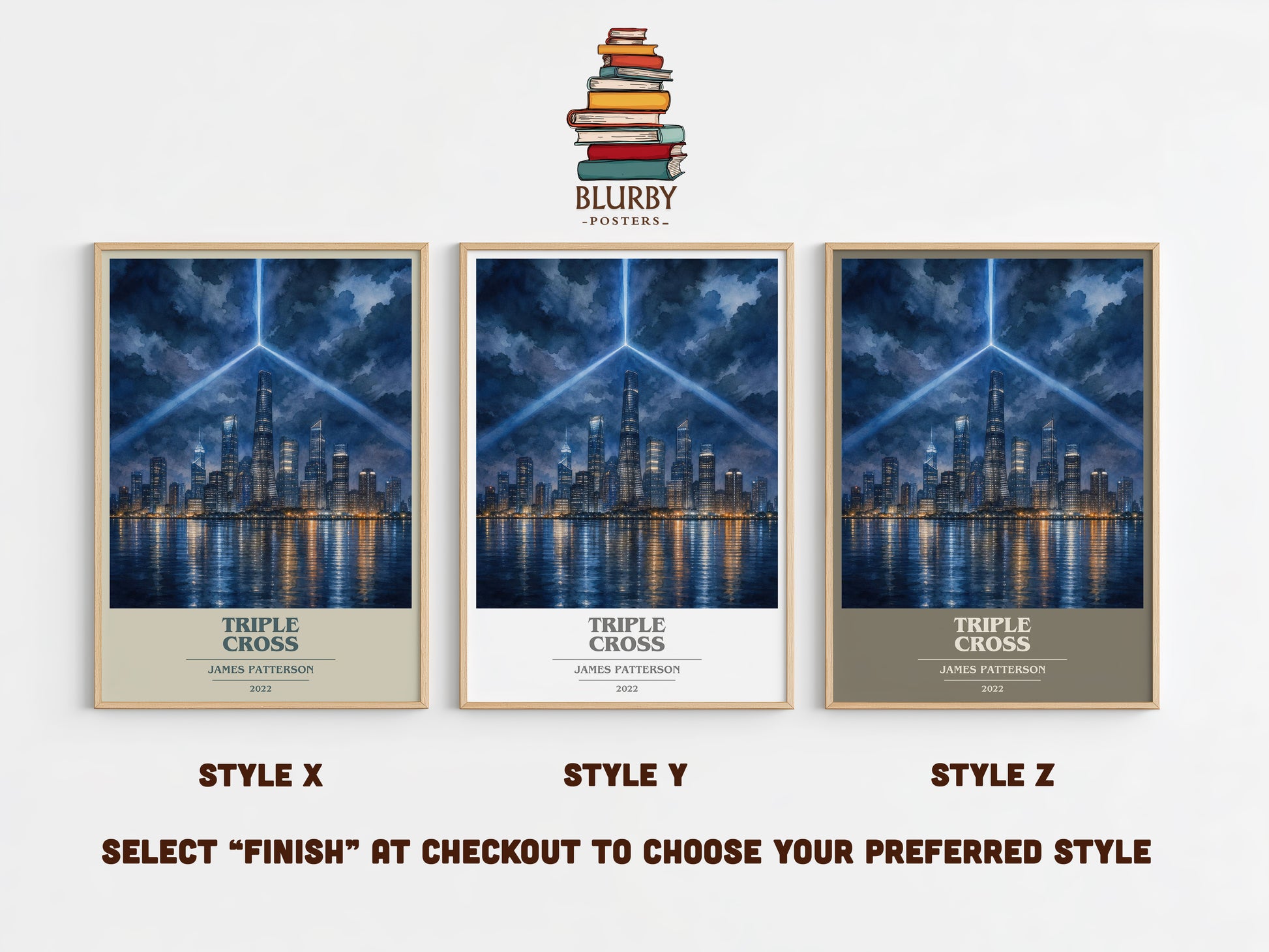 Triple Cross book cover print in frame leaning in hallway – thriller wall art