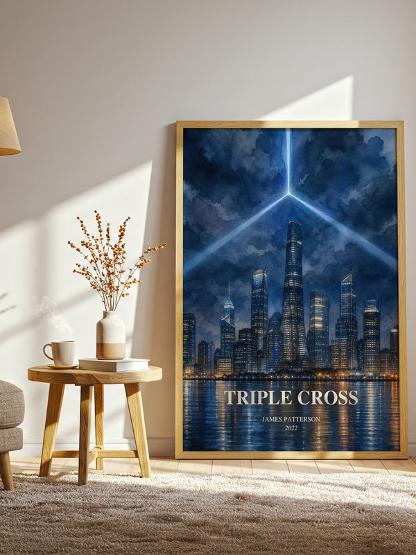 Triple Cross watercolour print in frame leaning in hallway – thriller wall art