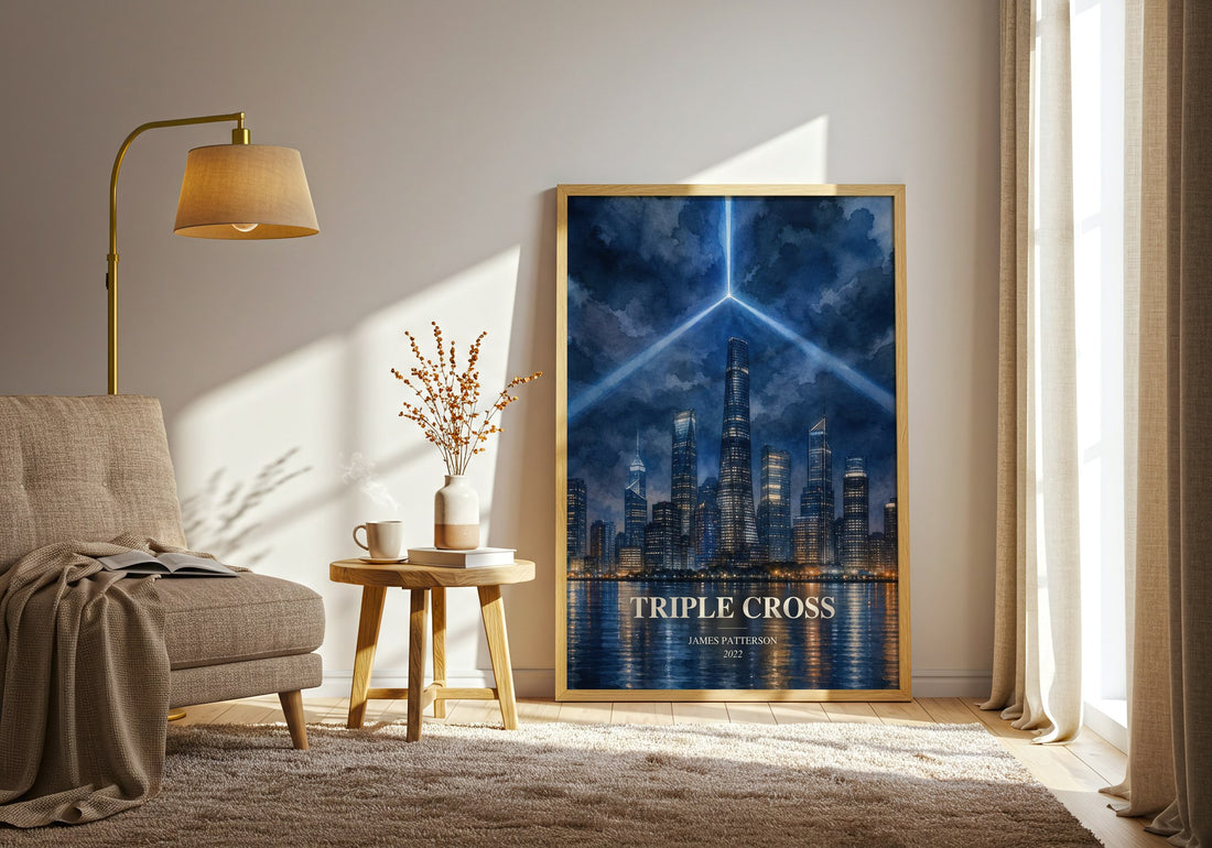 Triple Cross watercolour print in frame leaning in hallway – thriller wall art (mockup)