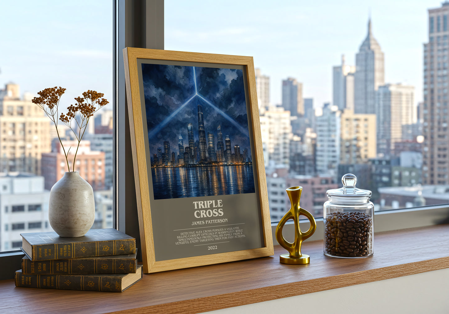 Triple Cross bookish print framed by window – literary home decor