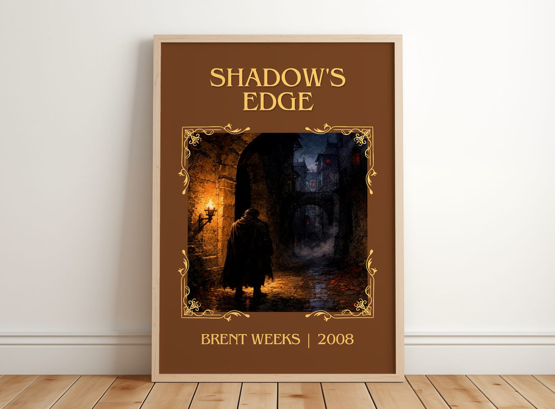 Shadow's Edge Classic Book Art Print by Brent Weeks – framed print leaning on a wooden floor