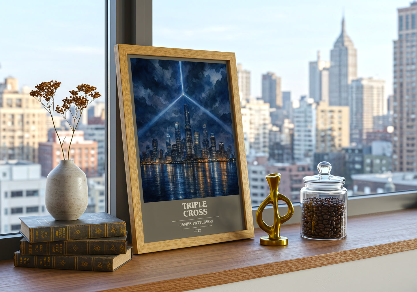 Triple Cross book cover print framed by window – literary home decor