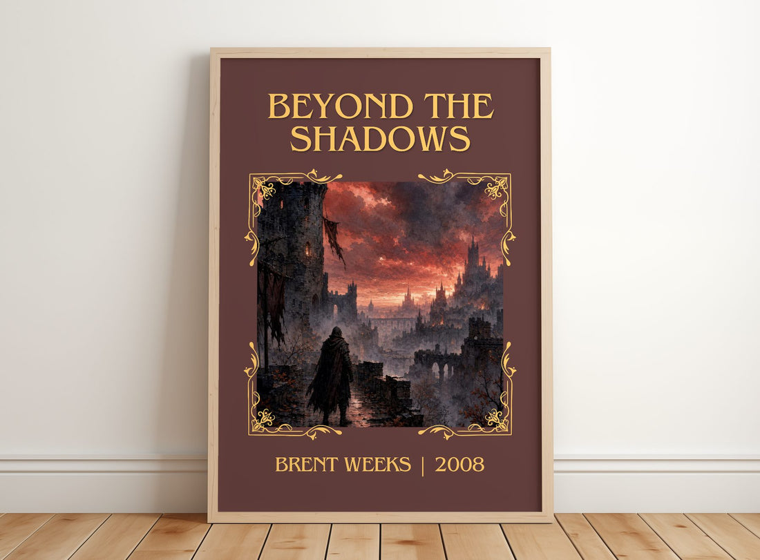 Beyond the Shadows Classic Book Art Print by Brent Weeks – framed print leaning on a wooden floor