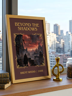 Beyond the Shadows Classic Book Art Print by Brent Weeks – framed print on a city-view windowsill