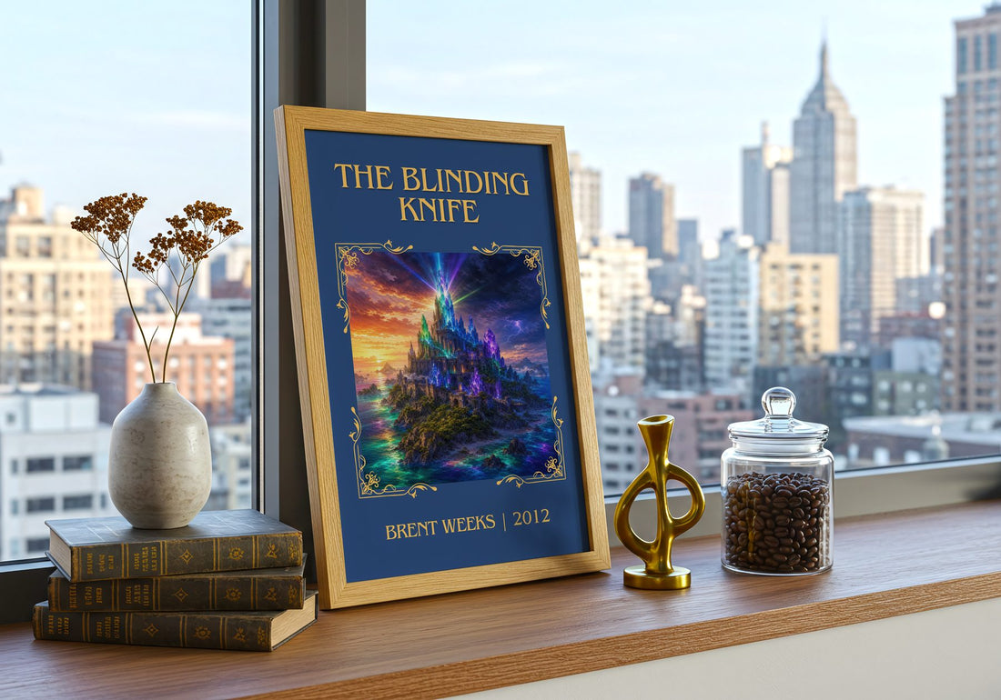 The Blinding Knife Classic Book Art Print by Brent Weeks – framed print on a city-view windowsill