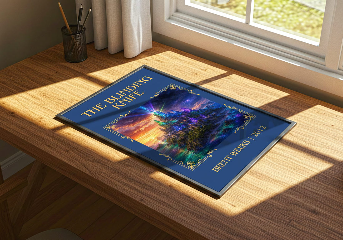 The Blinding Knife Classic Book Art Print by Brent Weeks – print on a sunlit desk
