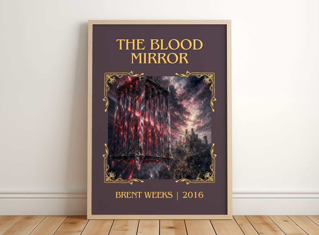 The Blood Mirror Classic Book Art Print by Brent Weeks – framed print leaning on a wooden floor