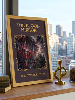 The Blood Mirror Classic Book Art Print by Brent Weeks – framed print on a city-view windowsill