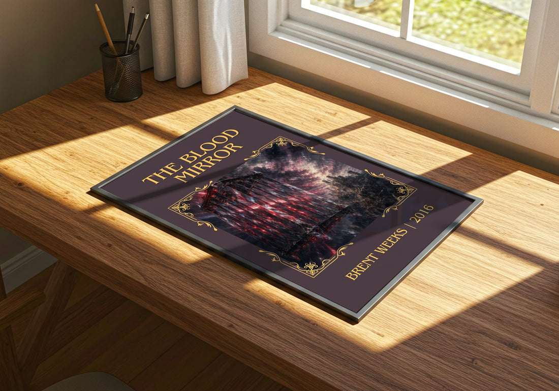 The Blood Mirror Classic Book Art Print by Brent Weeks – print on a sunlit desk