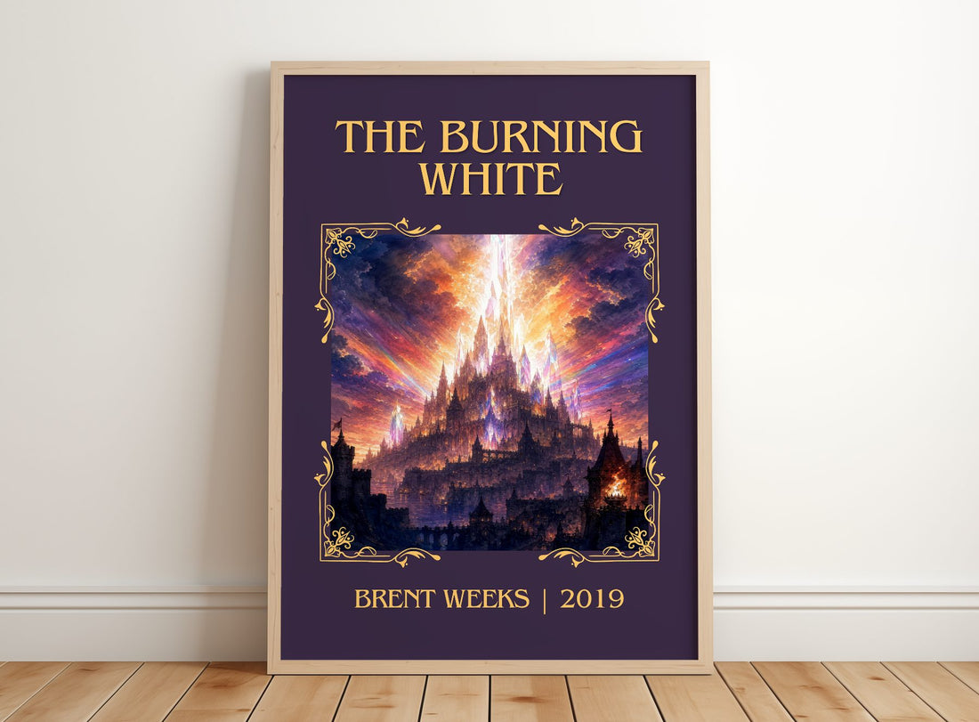 The Burning White Classic Book Art Print by Brent Weeks – framed print leaning on a wooden floor